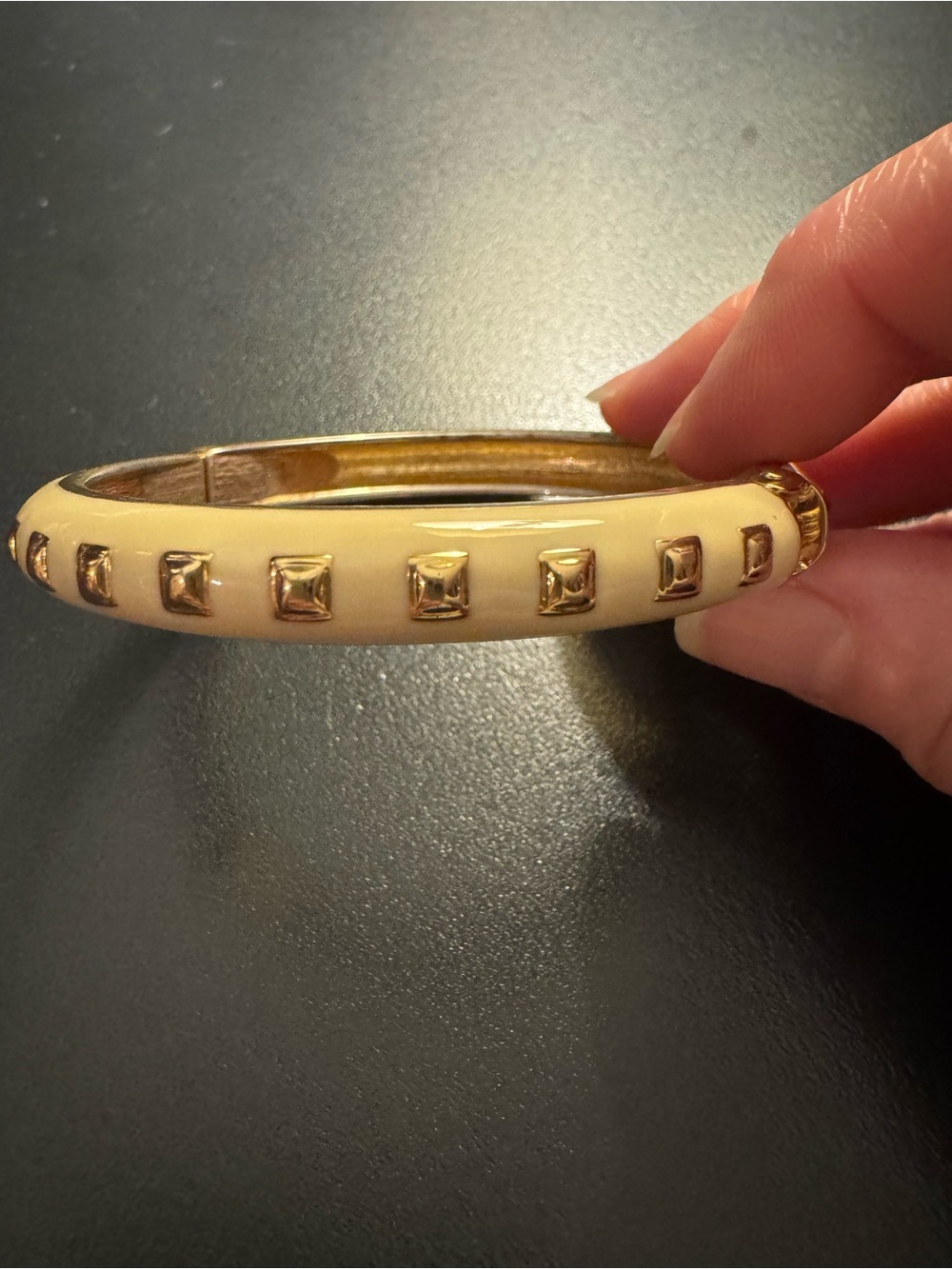 Ivory Enamel Gold Tone Pyramid Stud Hinged Clamper Bangle Bracelet